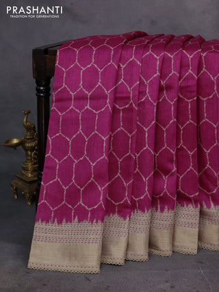 Pink & Beige Pure Munga Tussar Silk - Kantha Embroidery