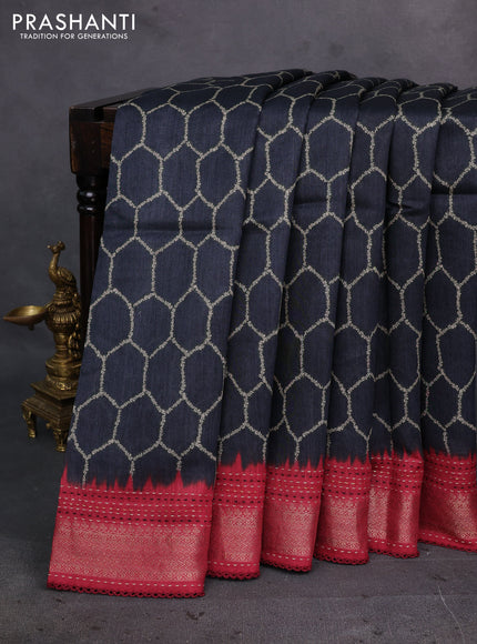 Black & Maroon Pure Munga Tussar Silk - Kantha Embroidery