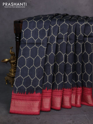 Black & Maroon Pure Munga Tussar Silk - Kantha Embroidery