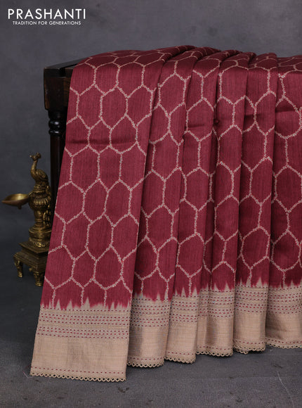 Maroon & Beige Pure Munga Tussar Silk - Kantha Embroidery