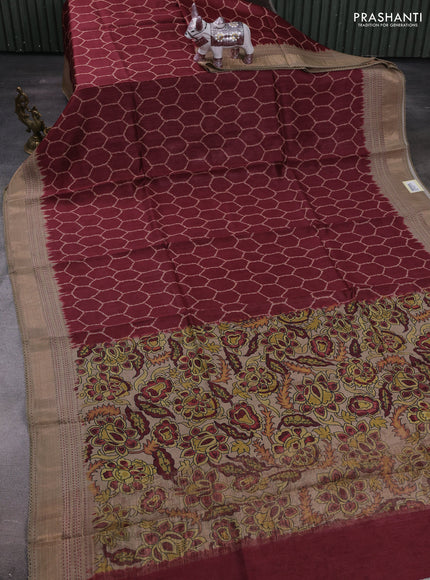 Maroon & Beige Pure Munga Tussar Silk - Kantha Embroidery