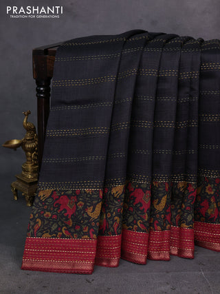 Black & Maroon Pure Munga Tussar Silk - Kantha Embroidery