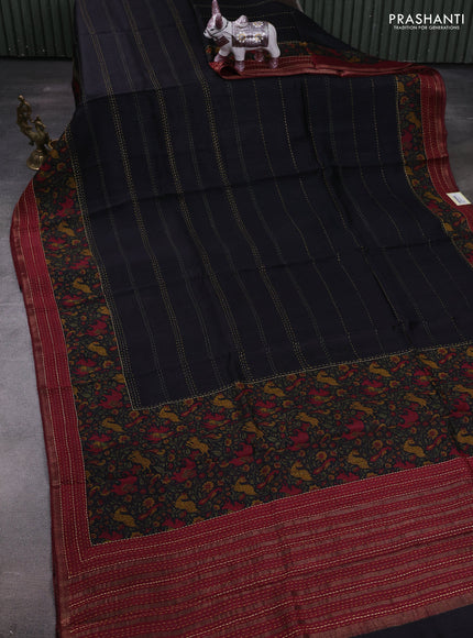 Black & Maroon Pure Munga Tussar Silk - Kantha Embroidery