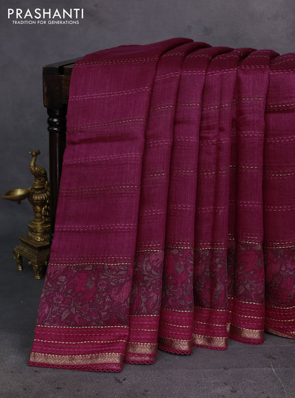 Wine & Maroon Pure Munga Tussar Silk - Kantha Embroidery