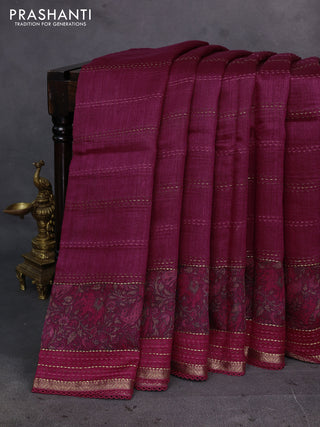 Wine & Maroon Pure Munga Tussar Silk - Kantha Embroidery
