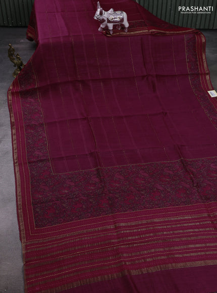 Wine & Maroon Pure Munga Tussar Silk - Kantha Embroidery