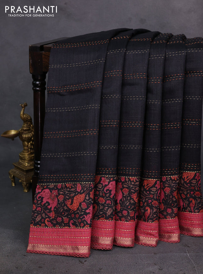 Black & Maroon Pure Munga Tussar Silk - Kantha Embroidery