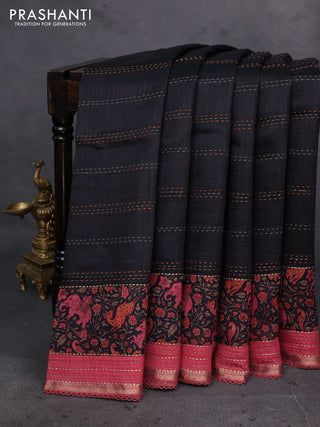 Black & Maroon Pure Munga Tussar Silk - Kantha Embroidery