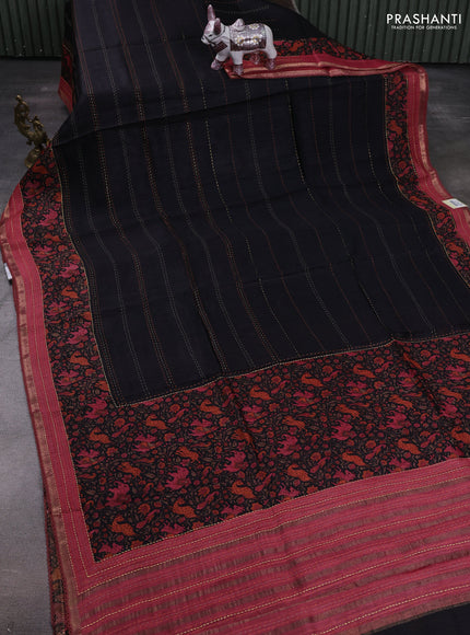 Black & Maroon Pure Munga Tussar Silk - Kantha Embroidery