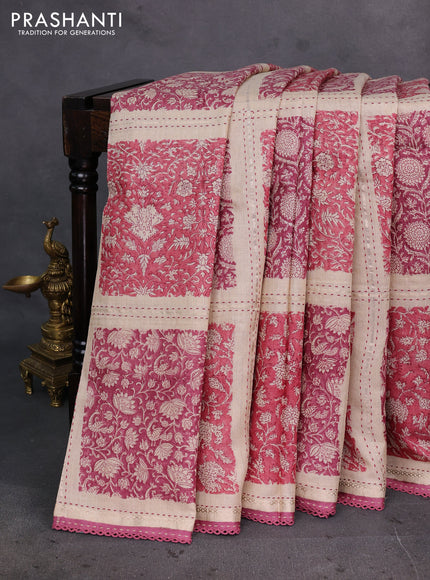 Pink & Beige Pure Munga Tussar Silk - Kantha Embroidery