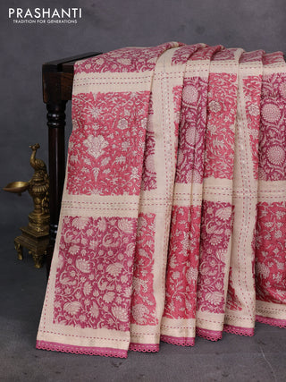 Pink & Beige Pure Munga Tussar Silk - Kantha Embroidery