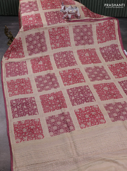 Pink & Beige Pure Munga Tussar Silk - Kantha Embroidery
