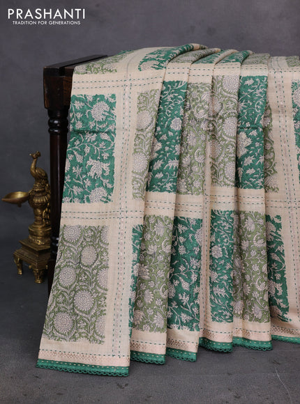 Beige & Green Pure Munga Tussar Silk - Kantha Embroidery