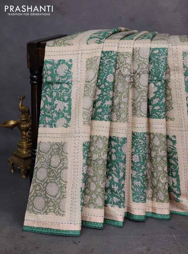Beige & Green Pure Munga Tussar Silk - Kantha Embroidery