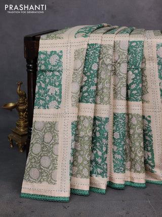 Beige & Green Pure Munga Tussar Silk - Kantha Embroidery