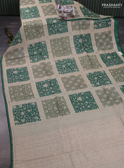 Beige & Green Pure Munga Tussar Silk - Kantha Embroidery
