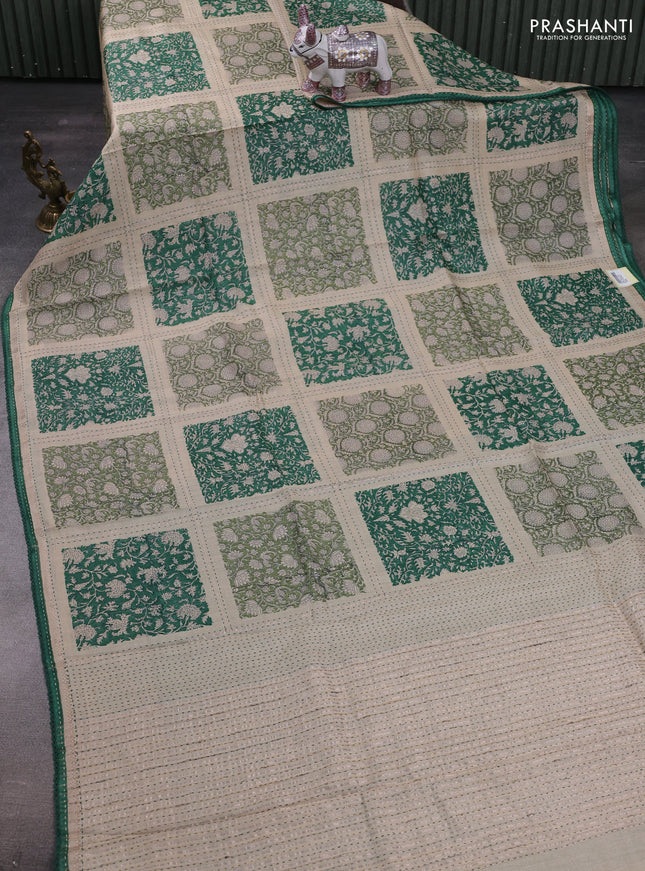 Beige & Green Pure Munga Tussar Silk - Kantha Embroidery