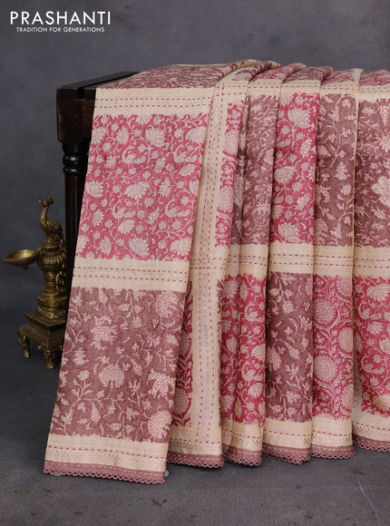 Beige & Pastel Brown Pure Munga Tussar Silk - Kantha Embroidery