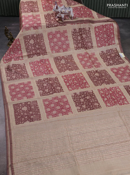 Beige & Pastel Brown Pure Munga Tussar Silk - Kantha Embroidery