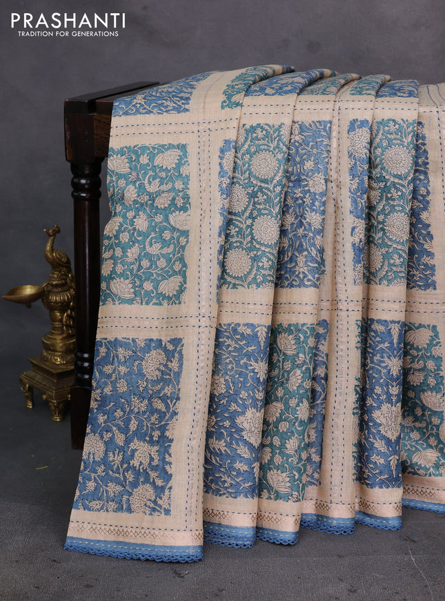 Beige & Blue Pure Munga Tussar Silk - Kantha Embroidery