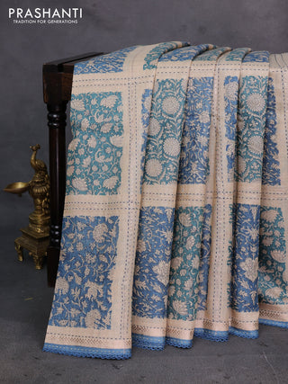 Beige & Blue Pure Munga Tussar Silk - Kantha Embroidery