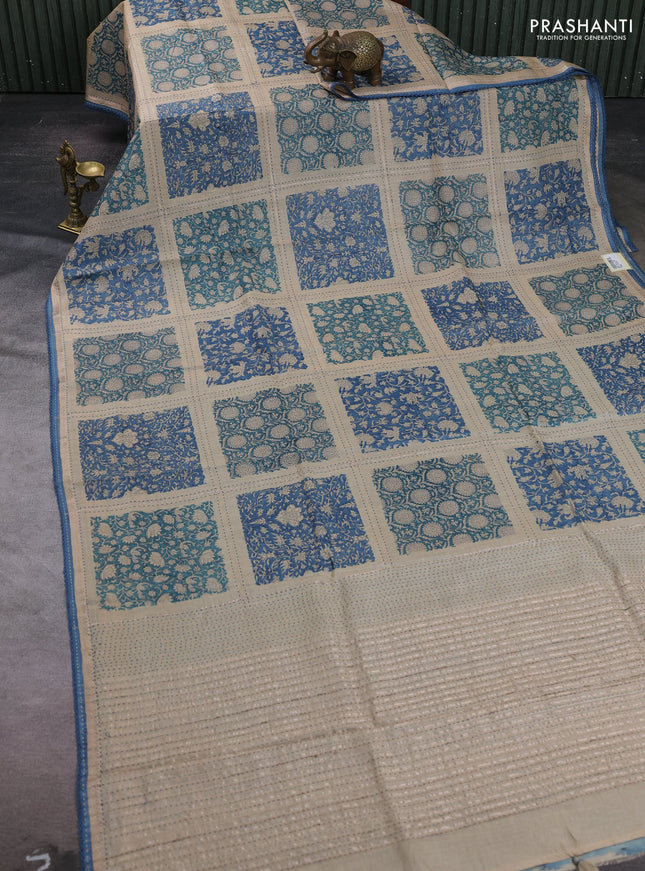 Beige & Blue Pure Munga Tussar Silk - Kantha Embroidery