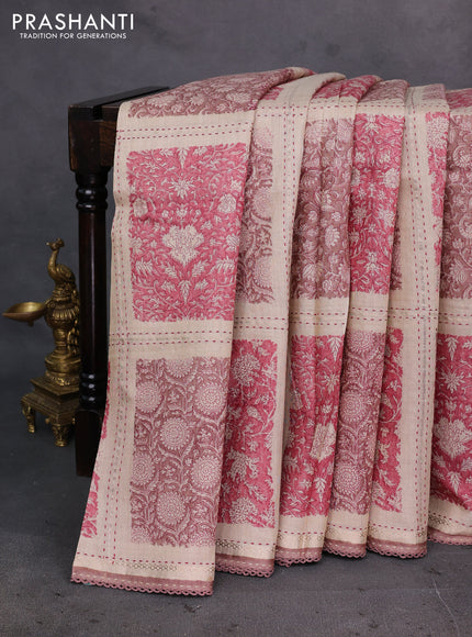 Beige & Pink Pure Munga Tussar Silk - Kantha Embroidery