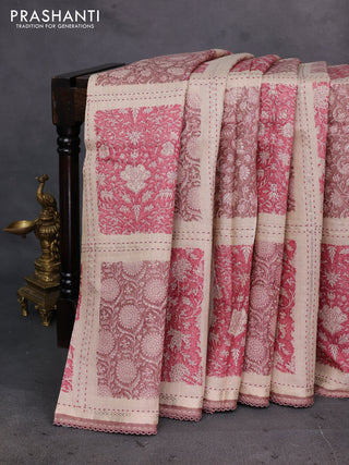 Beige & Pink Pure Munga Tussar Silk - Kantha Embroidery