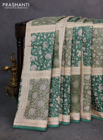 Beige & Green Pure Munga Tussar Silk - Kantha Embroidery