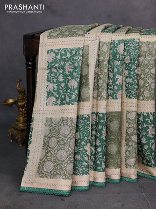 Beige & Green Pure Munga Tussar Silk - Kantha Embroidery