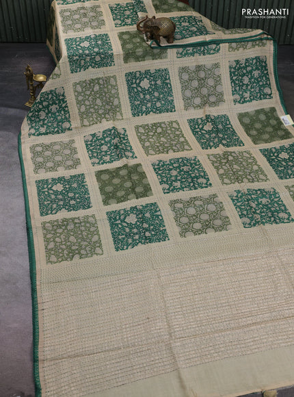 Beige & Green Pure Munga Tussar Silk - Kantha Embroidery