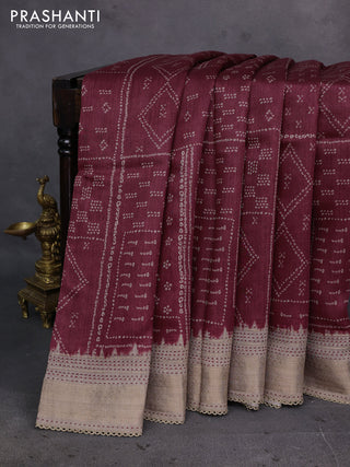 Maroon & Beige Pure Munga Tussar Silk - Kantha Embroidery