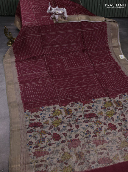 Maroon & Beige Pure Munga Tussar Silk - Kantha Embroidery