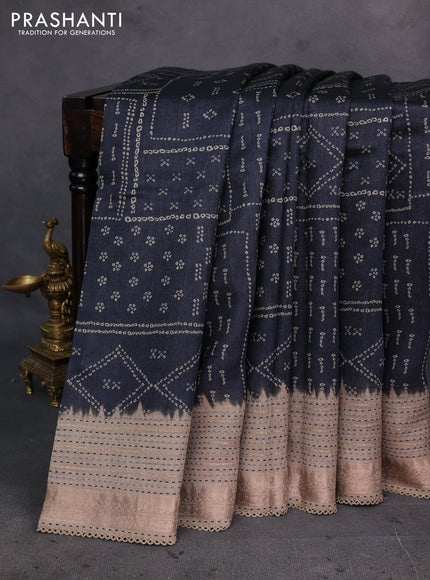 Black & Beige Pure Munga Tussar Silk - Kantha Embroidery