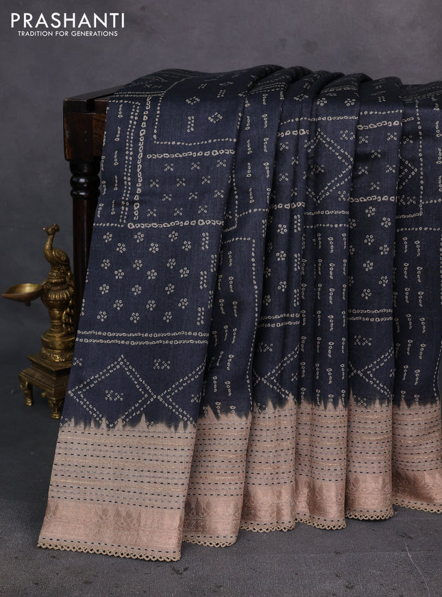 Black & Beige Pure Munga Tussar Silk - Kantha Embroidery