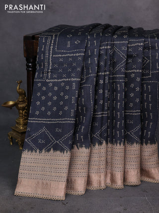 Black & Beige Pure Munga Tussar Silk - Kantha Embroidery