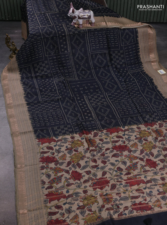 Black & Beige Pure Munga Tussar Silk - Kantha Embroidery