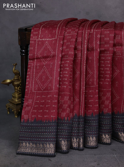 Maroon & Black Pure Munga Tussar Silk - Kantha Embroidery