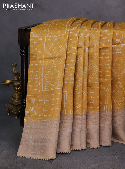 Mustard Yellow & Beige Pure Munga Tussar Silk - Kantha Embroidery