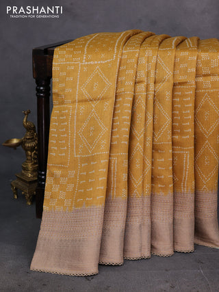 Mustard Yellow & Beige Pure Munga Tussar Silk - Kantha Embroidery