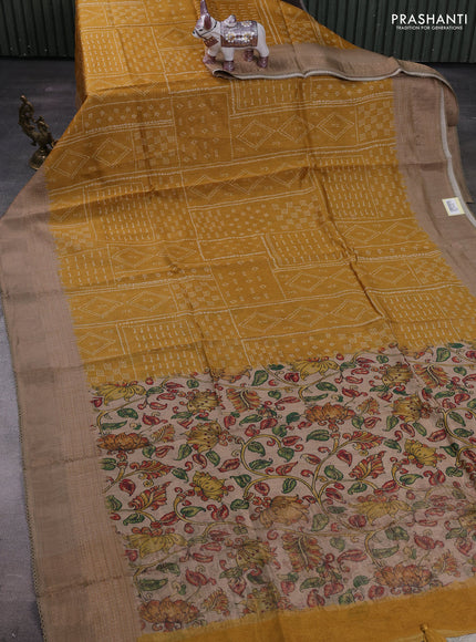 Mustard Yellow & Beige Pure Munga Tussar Silk - Kantha Embroidery
