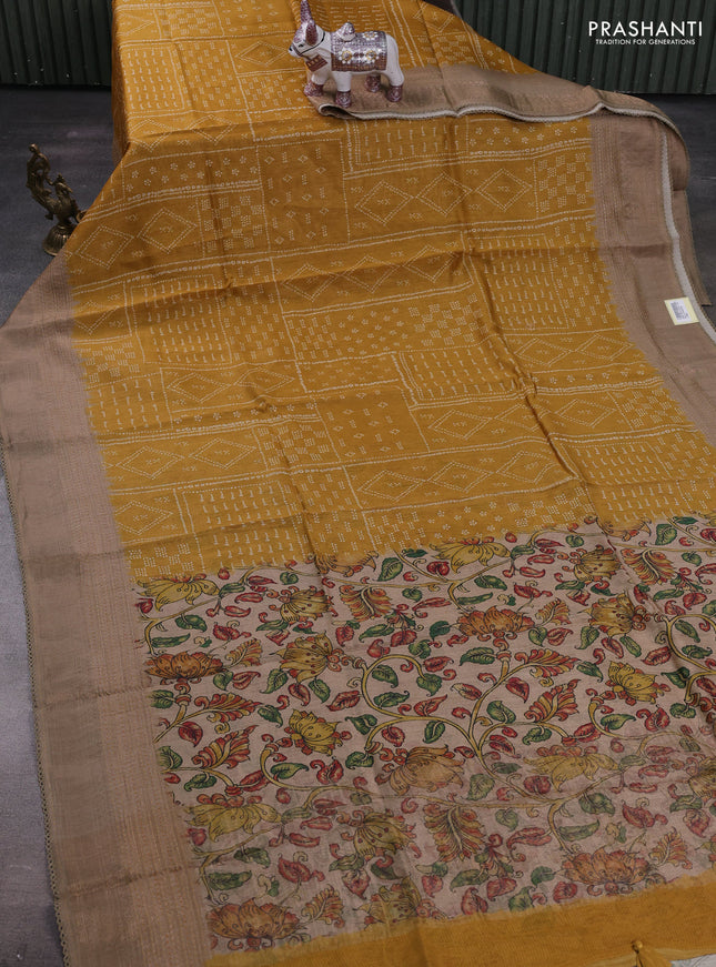 Mustard Yellow & Beige Pure Munga Tussar Silk - Kantha Embroidery