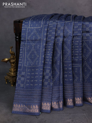 Navy Blue Pure Munga Tussar Silk - Kantha Embroidery