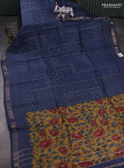 Navy Blue Pure Munga Tussar Silk - Kantha Embroidery