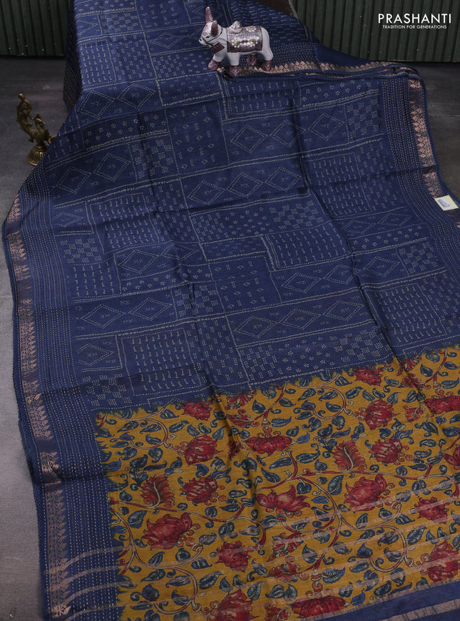 Navy Blue Pure Munga Tussar Silk - Kantha Embroidery