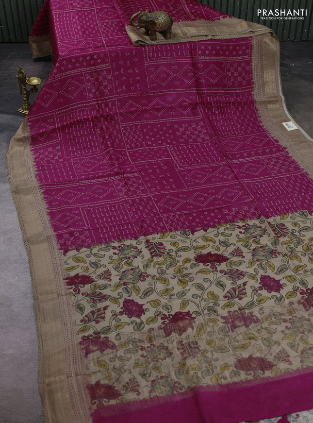 Pink & Beige Pure Munga Tussar Silk - Kantha Embroidery