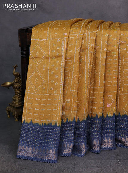 Mustard Yellow & Navy Blue Pure Munga Tussar Silk - Kantha Embroidery