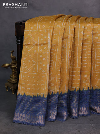 Mustard Yellow & Navy Blue Pure Munga Tussar Silk - Kantha Embroidery