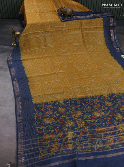 Mustard Yellow & Navy Blue Pure Munga Tussar Silk - Kantha Embroidery