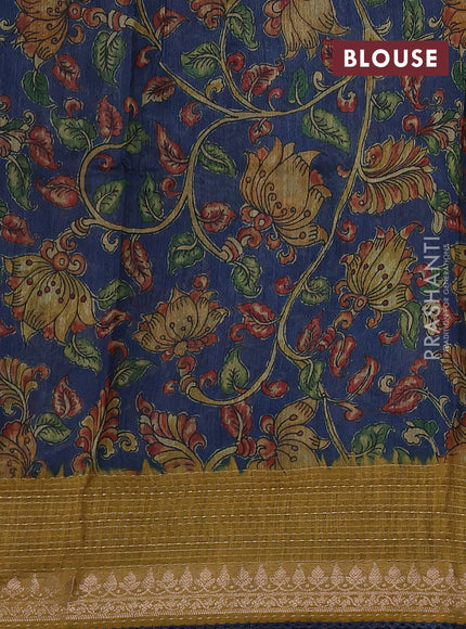 Mustard Yellow & Navy Blue Pure Munga Tussar Silk - Kantha Embroidery